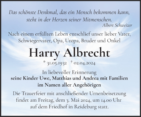 Traueranzeige von Harry Albrecht von Mitteldeutsche Zeitung Halle/Saalkreis