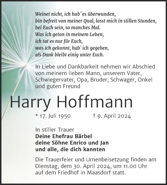 Traueranzeige von Harry Hoffmann von Trauerkombi Köthen