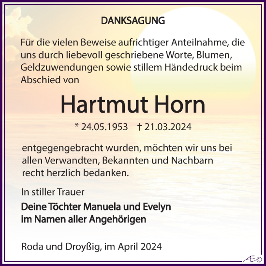 Traueranzeige von Hartmut Horn von Trauerkombi Zeitz