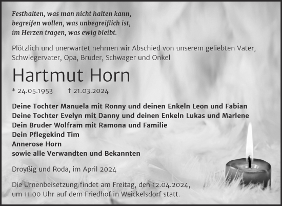 Traueranzeige von Hartmut Horn von Trauerkombi Zeitz