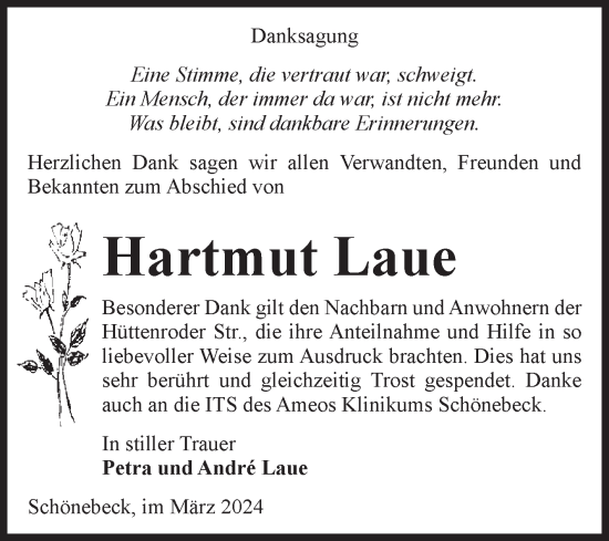 Traueranzeige von Hartmut Laue von Volksstimme Schönebeck