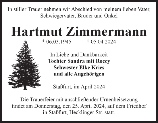 Traueranzeige von Hartmut Zimmermann von Volksstimme Staßfurt