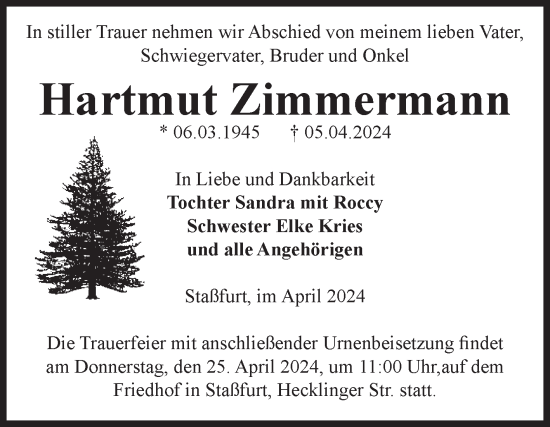 Traueranzeige von Hartmut Zimmermann von Volksstimme Staßfurt