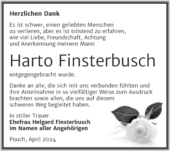 Traueranzeige von Harto Finsterbusch von Trauerkombi Bitterfeld