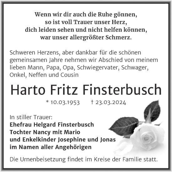 Traueranzeige von Harto Fritz Finsterbusch von Mitteldeutsche Zeitung Bitterfeld