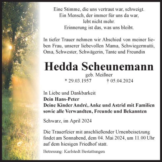 Traueranzeige von Hedda Scheunemann von Volksstimme Schönebeck