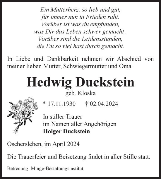 Traueranzeige von Hedwig Duckstein von Volksstimme Oschersleben/Wanzleben