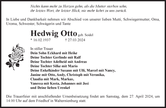 Traueranzeige von Hedwig Otto von Volksstimme Zerbst