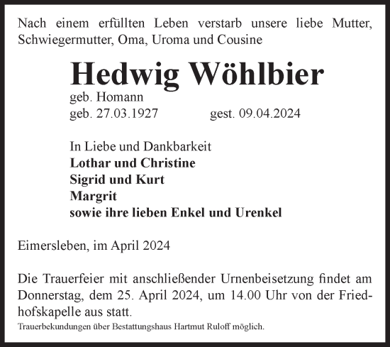 Traueranzeige von Hedwig Wöhlbier von Volksstimme Haldensleben/Wolmirstedt