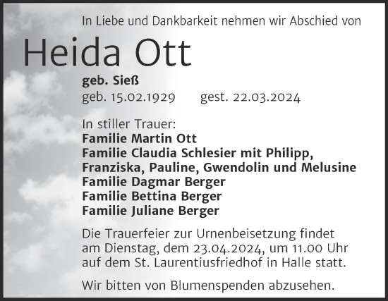 Traueranzeige von Heida Ott von Mitteldeutsche Zeitung Halle/Saalkreis