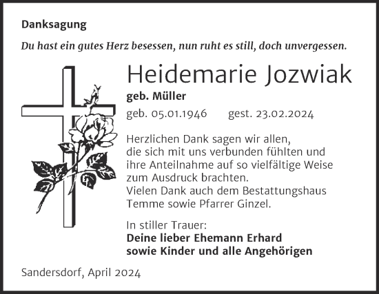 Traueranzeige von Heidemarie Jozwiak von Trauerkombi Bitterfeld