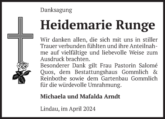 Traueranzeige von Heidemarie Runge von Volksstimme Zerbst