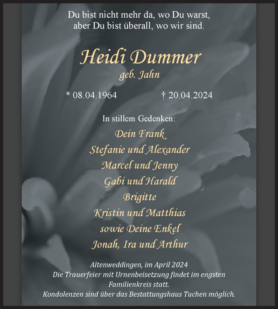  Traueranzeige für Heidi Dummer vom 27.04.2024 aus Volksstimme Oschersleben/Wanzleben