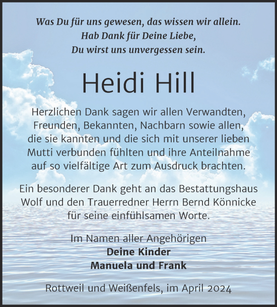 Traueranzeige von Heidi Hill von Trauerkombi Weißenfels