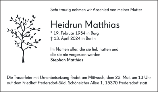 Traueranzeige von Heidrun Matthias 