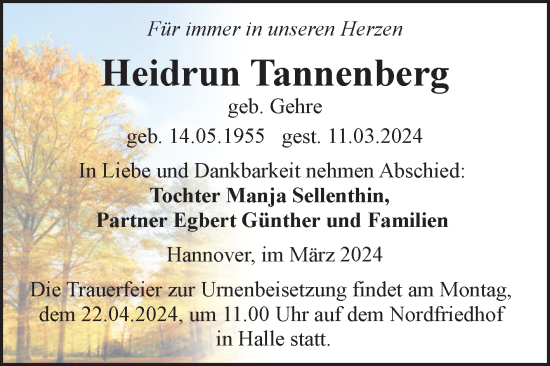 Traueranzeige von Heidrun Tannenberg von Mitteldeutsche Zeitung Halle/Saalkreis