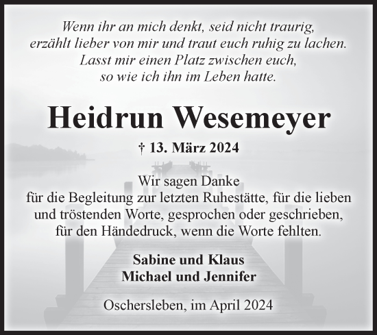 Traueranzeige von Heidrun Wesemeyer von Volksstimme Oschersleben/Wanzleben