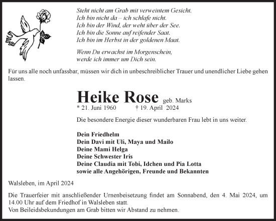 Traueranzeige von Heike Rose von Volksstimme Altmark Ost