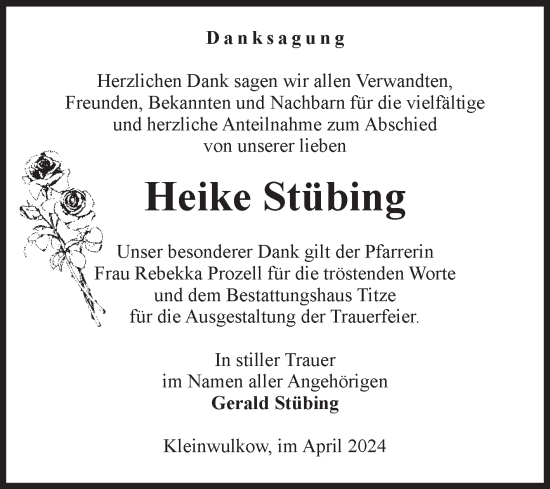 Traueranzeige von Heike Stübing von Volksstimme Burg/Genthin