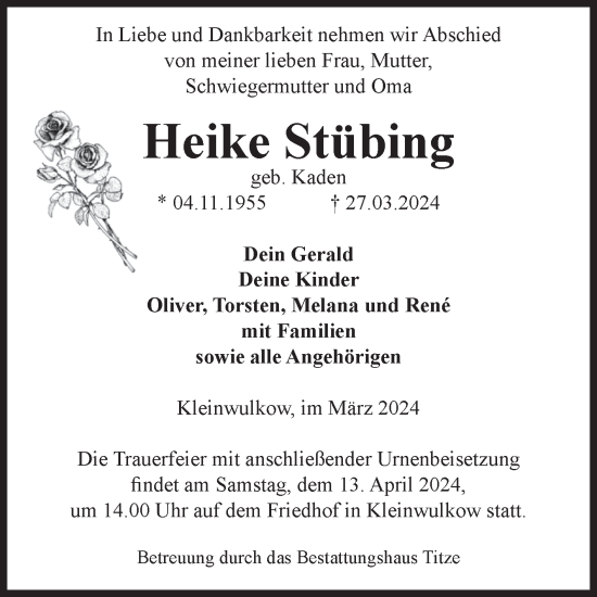 Traueranzeige von Heike Stübing von Volksstimme Burg/Genthin