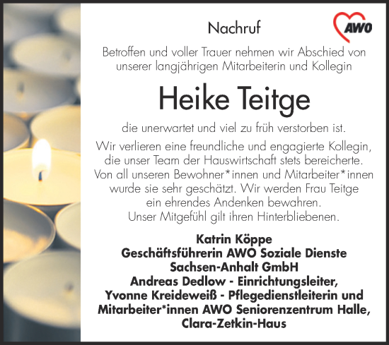 Traueranzeige von Heike Teitge von Mitteldeutsche Zeitung Halle/Saalkreis
