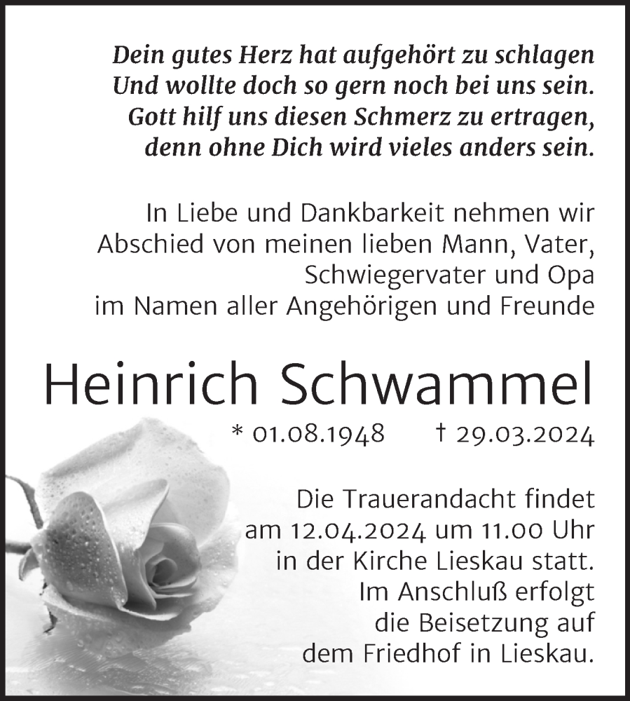  Traueranzeige für Heinrich Schwammel vom 06.04.2024 aus Mitteldeutsche Zeitung Merseburg/Querfurt