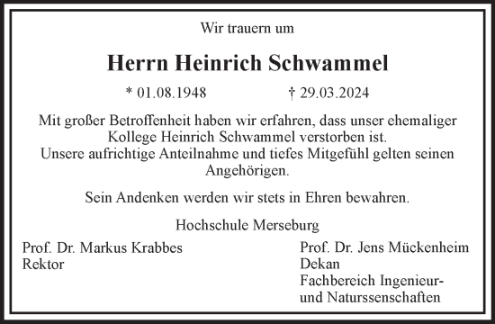 Traueranzeige von Heinrich Schwammel von Mitteldeutsche Zeitung Merseburg/Querfurt