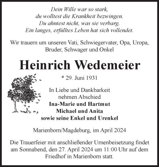 Traueranzeige von Heinrich Wedemeier von Volksstimme Oschersleben/Wanzleben