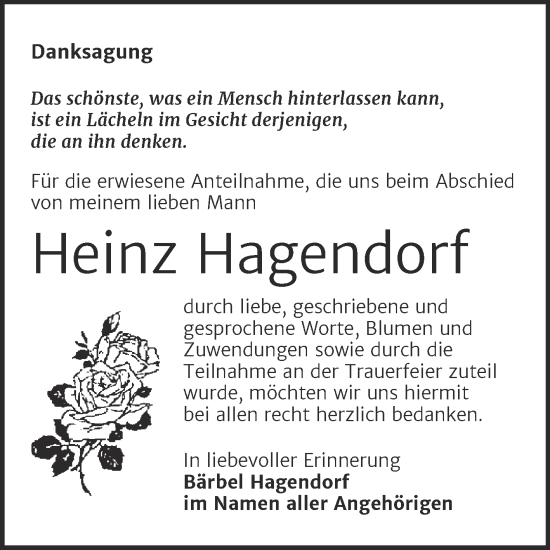 Traueranzeige von Heinz Hagendorf von Trauerkombi Wittenberg