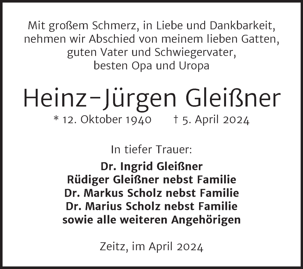  Traueranzeige für Heinz-Jürgen Gleißner vom 20.04.2024 aus Trauerkombi Zeitz