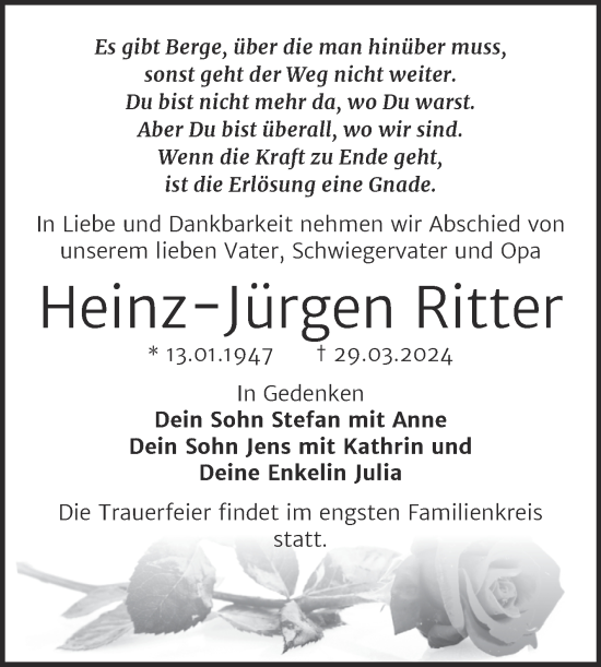 Traueranzeige von Heinz-Jürgen Ritter von Trauerkombi Weißenfels