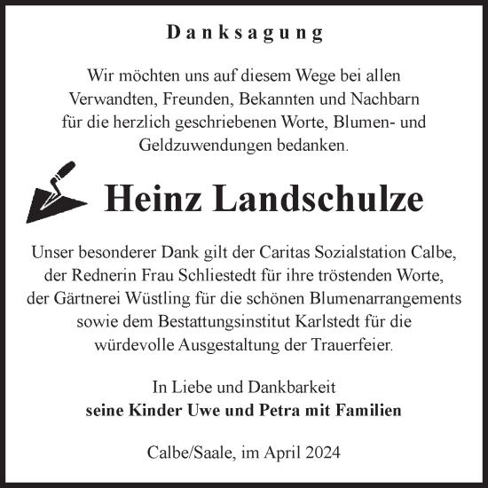 Traueranzeige von Heinz Landschulze von Volksstimme Schönebeck