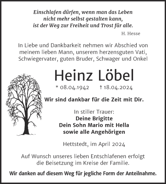 Traueranzeige von Heinz Löbel von Trauerkombi Mansfelder Land