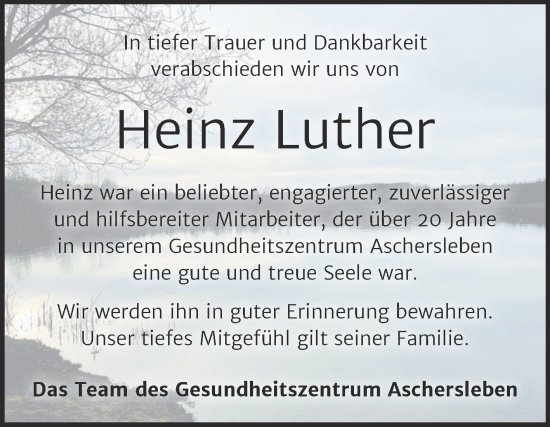 Traueranzeige von Heinz Luther von Mitteldeutsche Zeitung Aschersleben