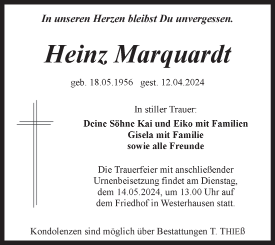 Traueranzeige von Heinz Marquardt von Trauerkombi Quedlinburg