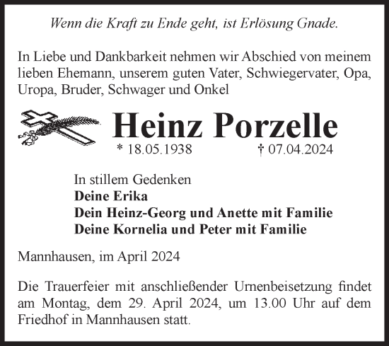 Traueranzeige von Heinz Porzelle von Volksstimme Haldensleben/Wolmirstedt