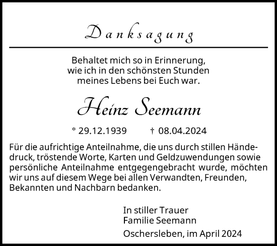 Traueranzeige von Heinz Seemann von Volksstimme Oschersleben/Wanzleben