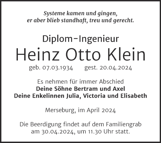 Traueranzeige von Heinz Otto Klein von Trauerkombi Merseburg