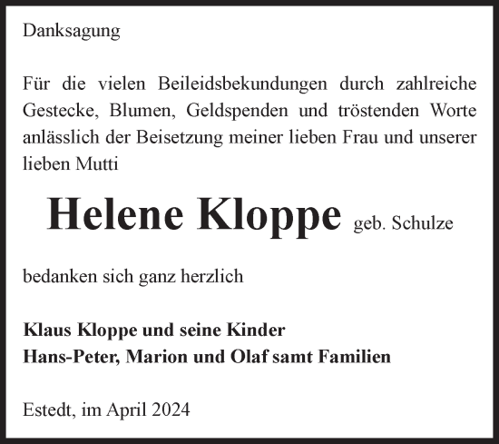 Traueranzeige von Helene Kloppe von Volksstimme Altmark West