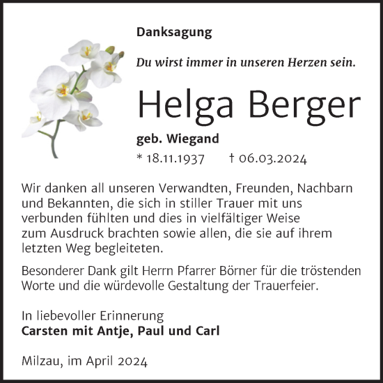 Traueranzeige von Helga Berger von Trauerkombi Merseburg