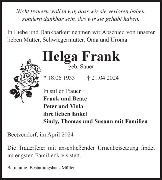 Traueranzeige von Helga Frank von Volksstimme Altmark West