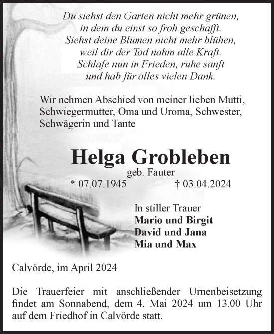 Traueranzeige von Helga Grobleben von Volksstimme Haldensleben/Wolmirstedt