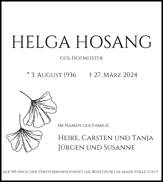 Traueranzeige von Helga Hosang von Trauerkombi Wittenberg