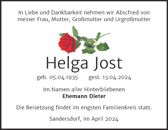 Traueranzeige von Helga Jost von Mitteldeutsche Zeitung Bitterfeld