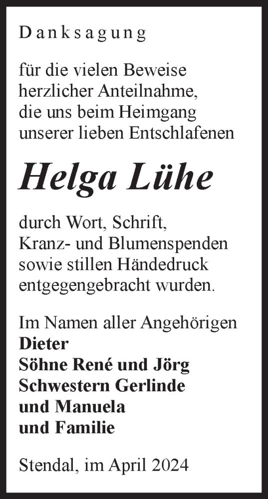 Traueranzeige von Helga Lühe von Volksstimme Altmark Ost