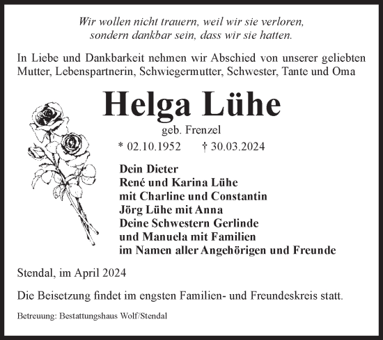 Traueranzeige von Helga Lühe von Volksstimme Altmark Ost