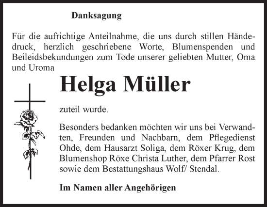 Traueranzeige von Helga Müller von Volksstimme Altmark Ost