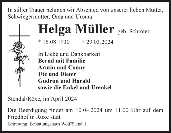 Traueranzeige von Helga Müller von Volksstimme Altmark Ost