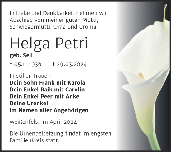 Traueranzeige von Helga Petri von Trauerkombi Weißenfels