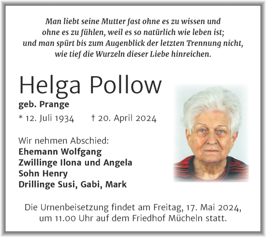 Traueranzeige von Helga Pollow von Trauerkombi Merseburg